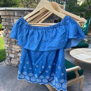 Blue off the shoulder embroidered hem blouse